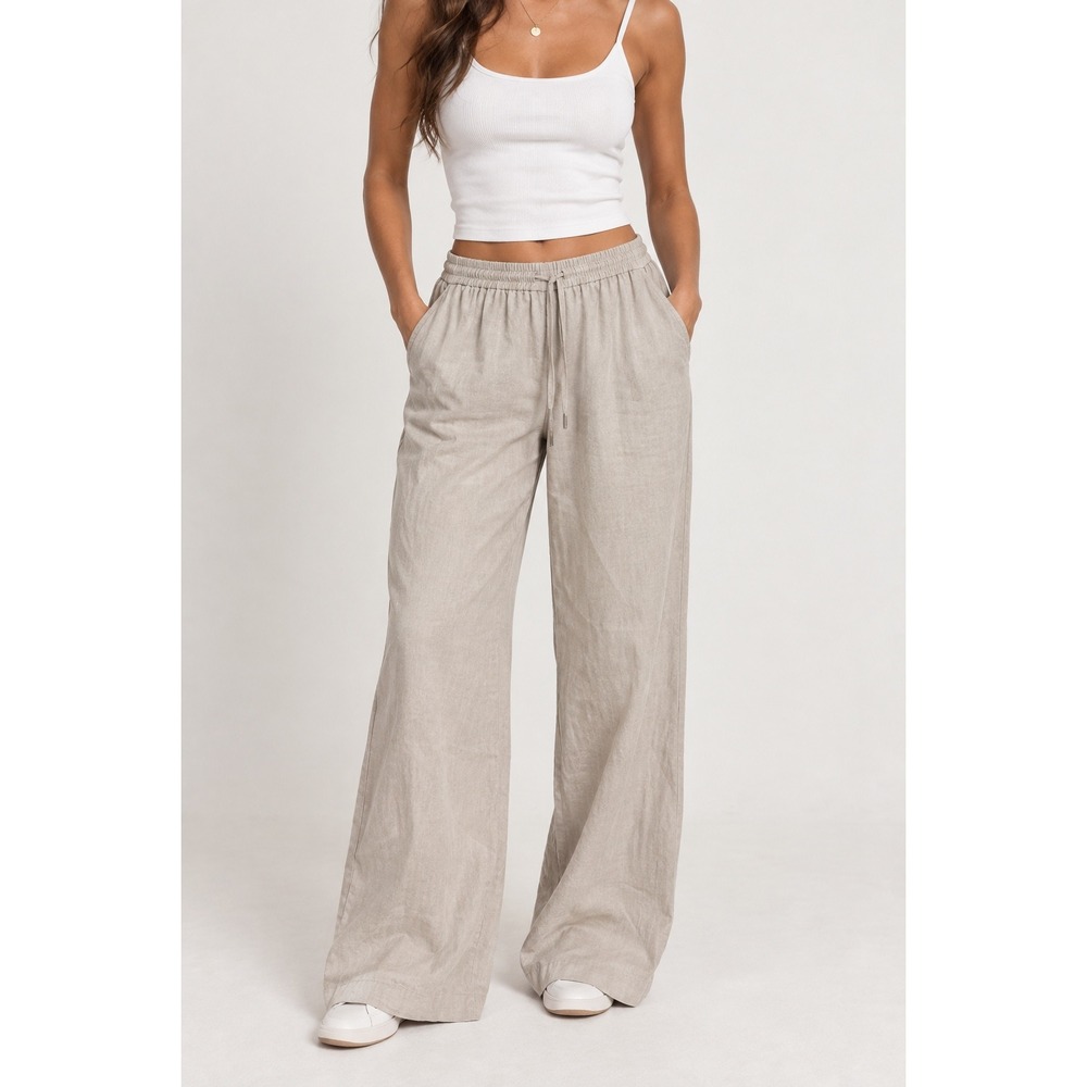 Zara Womens Beige Linen Blend Wide Leg Drawstring Pants Size Medium Oatmeal